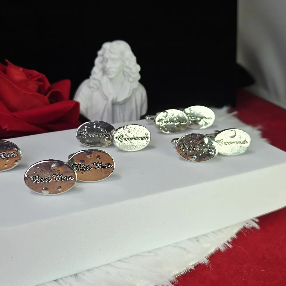 Bridal Wedding Party Cufflinks Set Groom Best Man Groomsmen Silver Oval Formal